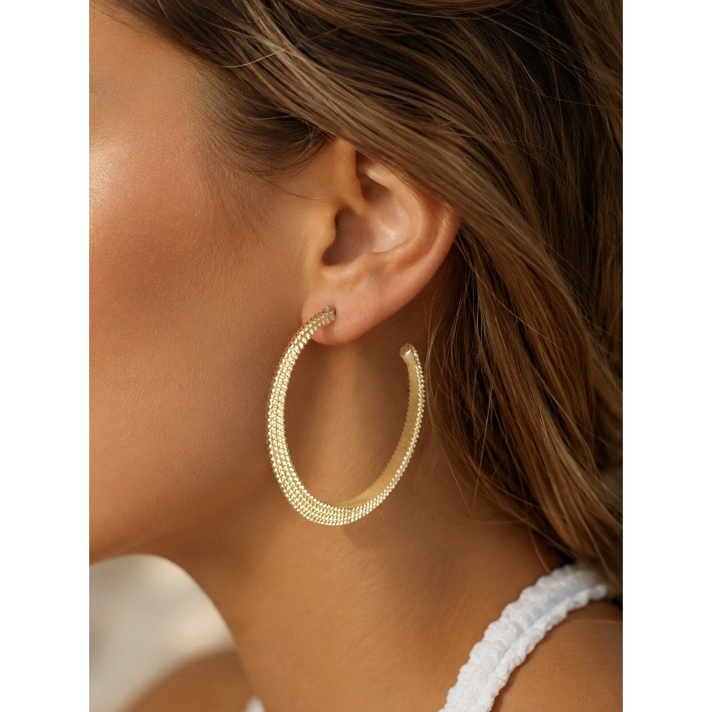 Vintage Gold Hoop Earrings Textured Large Hoop Statement Earrings 1.5 Inch